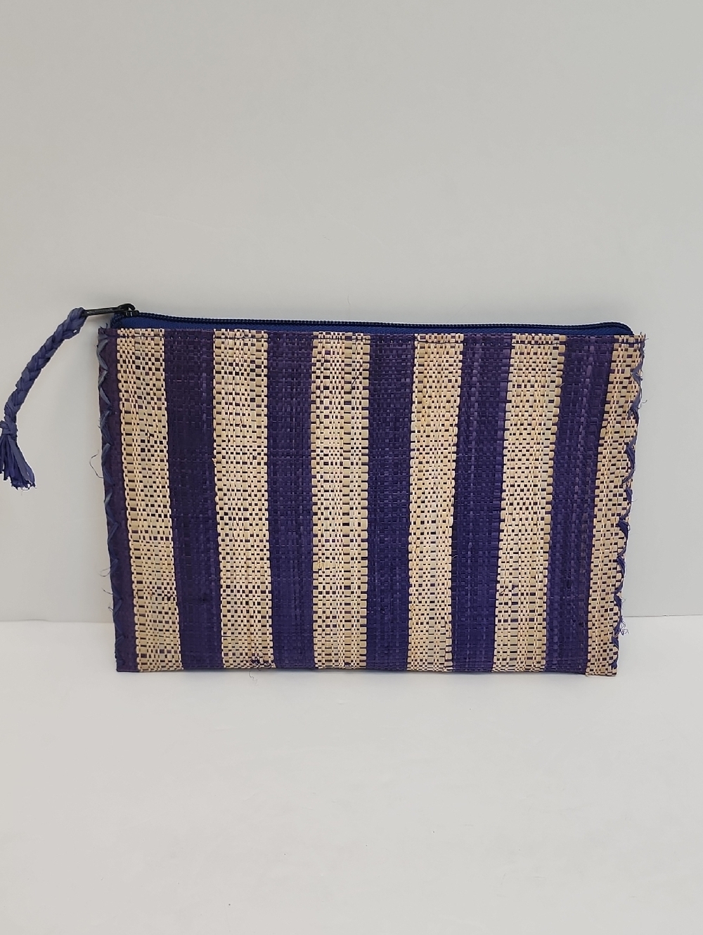 Woven Straw Raffia Stripe Zip Pouch Clutch Navy Natural OS